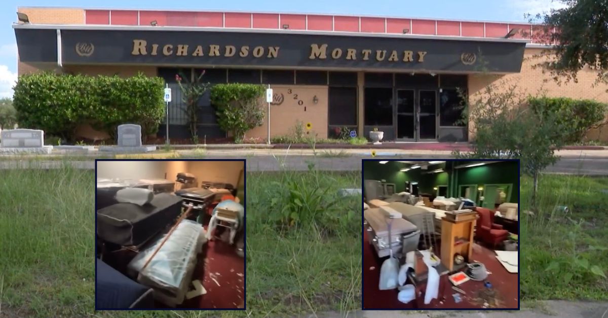 Main: Richardson Mortuary in Houston, Texas (KPRC). Insets: Images of the inside of Richardson Mortuary from April 2025 (YouTube).