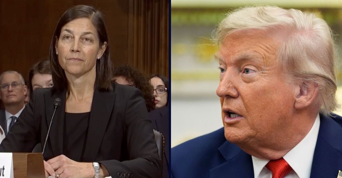 Left: Karin Immergut listens during her Senate confirmation hearing on Oct. 24, 2018 (C-Span). Right: President Donald Trump speaks in the Oval Office of the White House, Monday, Aug. 25, 2025, in Washington (AP Photo/Alex Brandon).