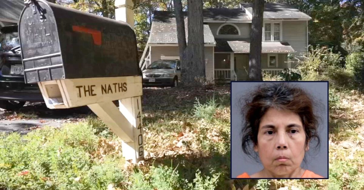 Inset: Manisha Nath (Chesterfield County Police). Background: The Virginia home where Manisha Nath allegedly neglected and abused her 28-year-old son Somak Nath (WTVR/YouTube).