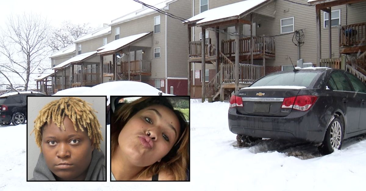 Left inset: Mary Cornelius (St. Louis Metropolitan Police Department). Right inset: Mattison Johnson (Midlawn Memorial Gardens, Inc.). Background: The residence in Missouri where Mary Cornelius shot and killed Mattison Johnson during a game of Russian roulette (KSDK).