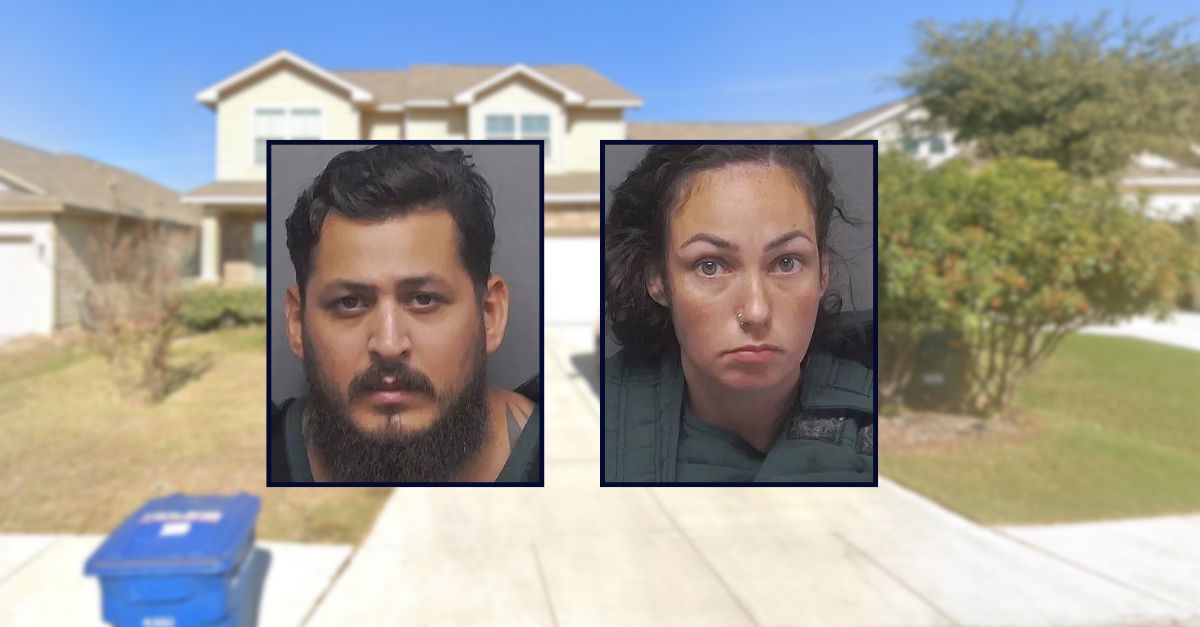 Left to right: Jonathan Miranda and Christina Miranda appear in booking photos inset against an image of a house in Texas.