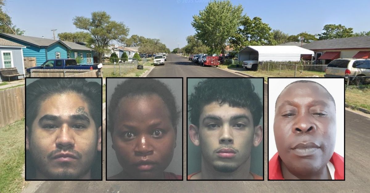 Insets, from left to right: Suspects Thomas Rendon, Alline Ndayishimiye, Dashaun Jackson and victim Paluku Valantin (Amarillo Police Department/Lighthouse Funeral and Cremation Services). Background: The 1100 block of Bluebell Street in Amarillo, Texas, where Paluku Valantin was killed (Google Maps).