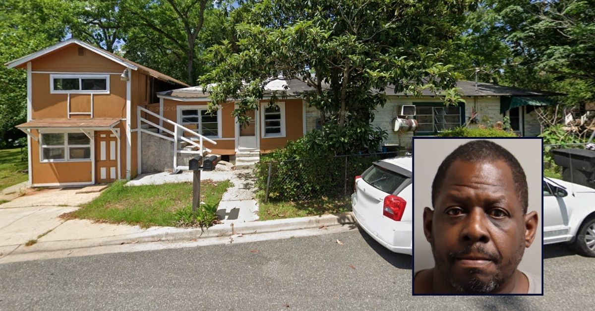 Inset: William Clark (Leon County Sheriff's Office). Background: The Florida residence where William Clark allegedly tossed hot grease on his roommate while frying ribs (Google Maps).