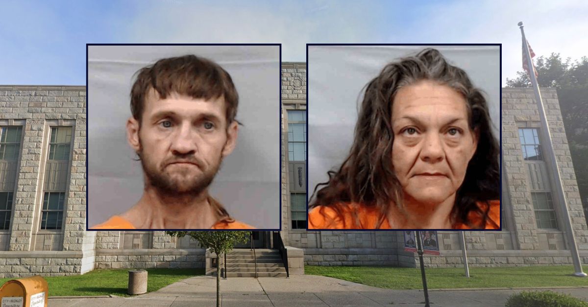 Inset, left to right: Kenneth Neal Conley and Tamara Ann Conley (West Virginia South Regional Jail). Background: The Raleigh County, West Virginia courthouse (Google Maps).