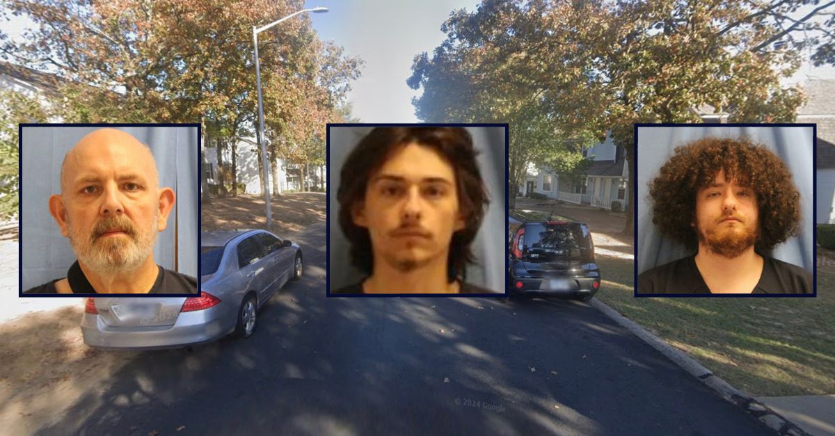 Insets, left to right: Robert Ellerd, Jackson Homan, Charles Homan (Pulaski County Jail). Background: The block in Arkansas where the defendants allegedly kidnapped the victim (Google Maps).