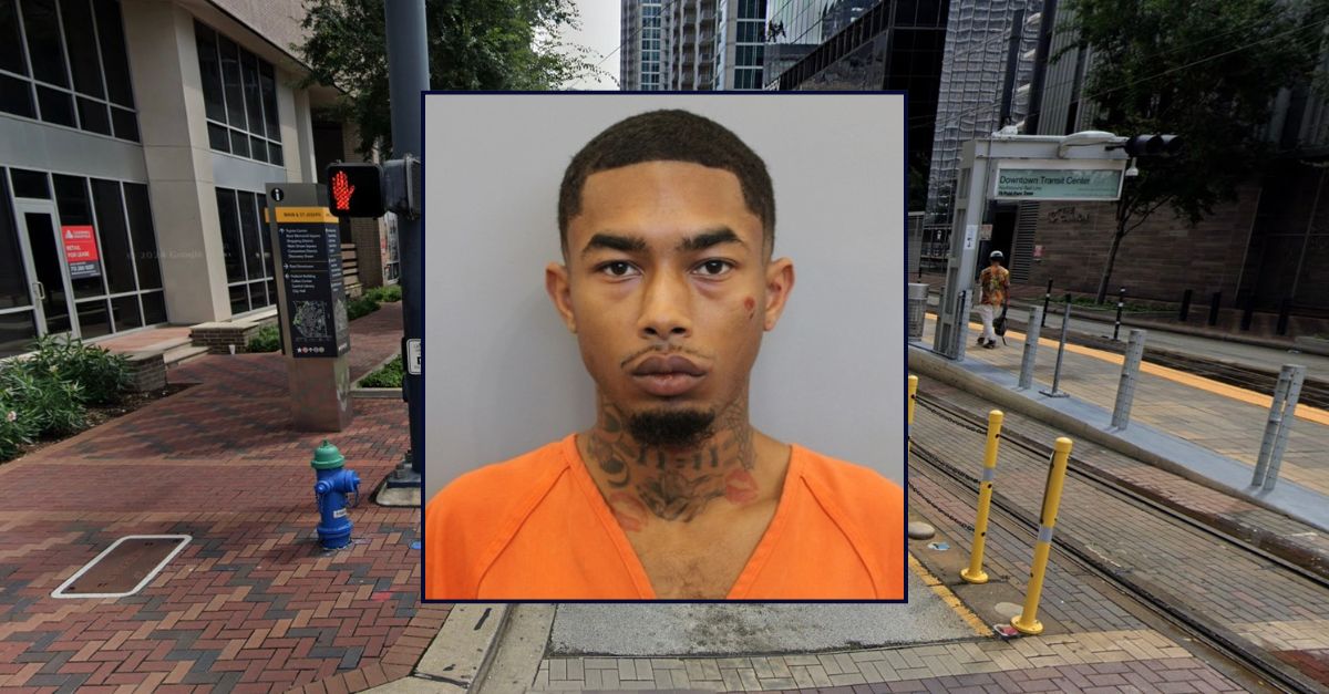 Inset: Demari Alston (Harris County Dept. of Corrections). Background: The street in Houston where Alston allegedly killed his newborn son (Google Maps).