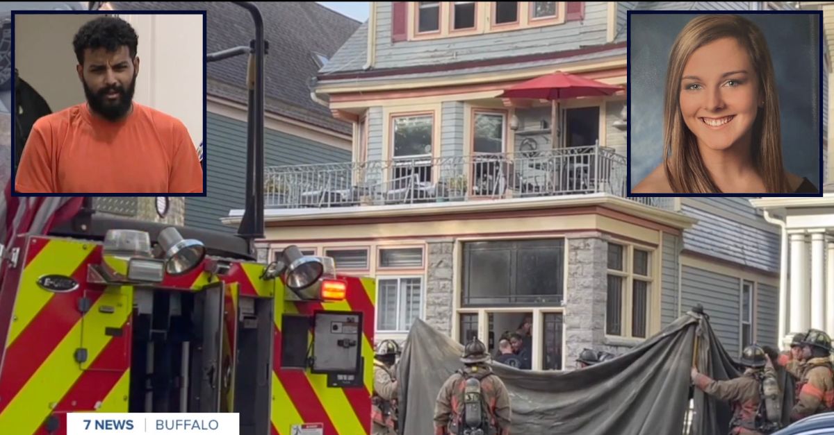 Inset, left to right: Hidane Haile making his first court appearance on Oct. 23 (WKBW) and Kathleen Carrig (Cannan Funeral Home). Background: The home Haile allegedly burned with his girlfriend and newborn inside (WKBW).