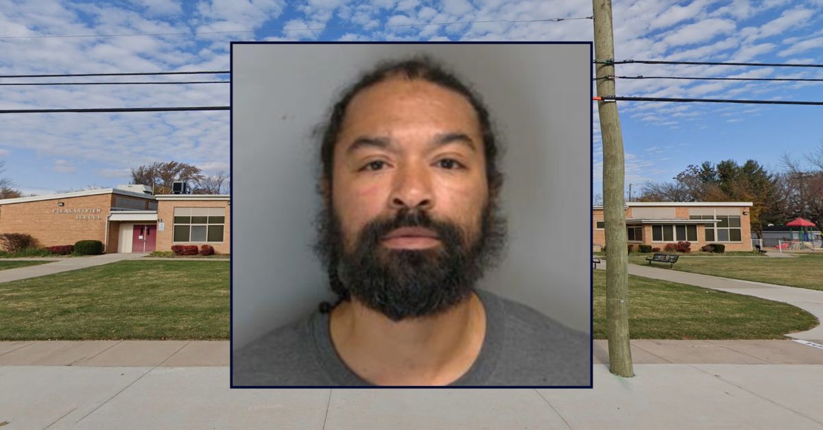 Inset: David Scott Jr. (Macomb County Prosecutor's Office). Background: The elementary school that Scott allegedly threatened to shoot up (Google Maps).