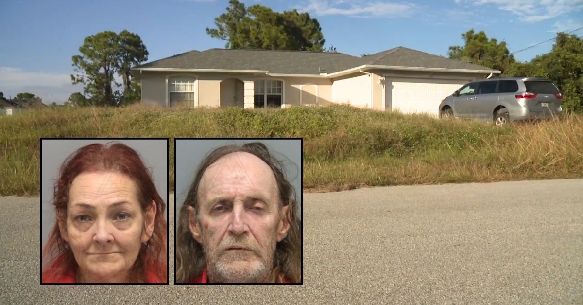 Left inset: Barbara Bates. Right inset: Neil Bates (Lee County Sheriff's Office). Background: The Florida home of Barbara Bates and Neil Bates, where they carried out an attempted suicide pact with their "disabled son," according to police (WFTX/YouTube).