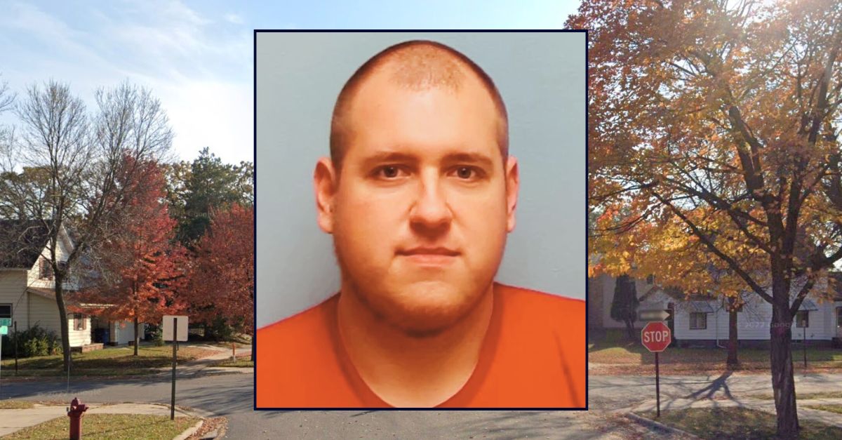 Inset: Austin R. Gerads (Stearns County Jail). Background: The block in Minnesota where Gerads allegedly shot his sleeping roommate (Google Maps).