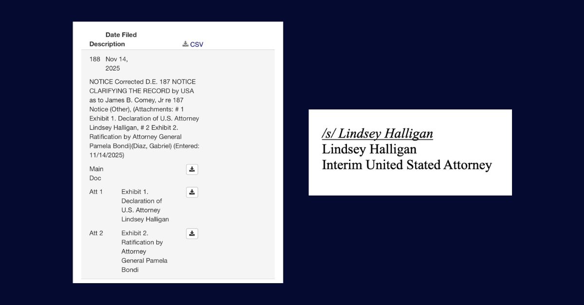 Left to right: a docket showing a correction; a typo in a DOJ filing.