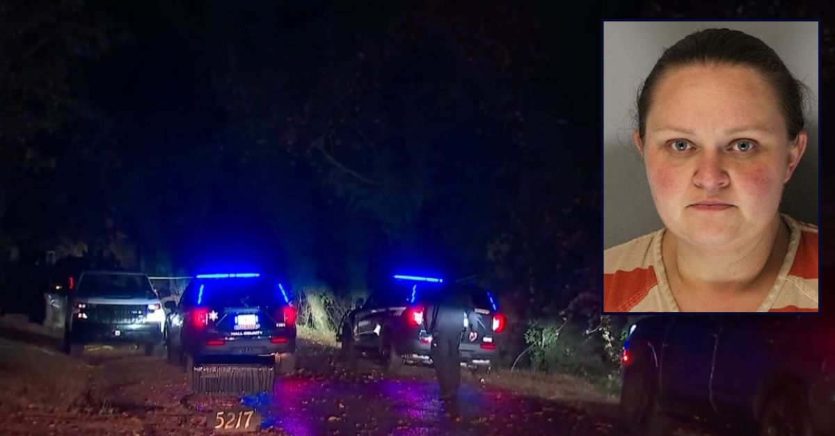 Inset: Jessica M. Motes (Hall County Sheriff's Office). Background: Police responding to reports of a child's body being found in Motes's trunk (WXIA).