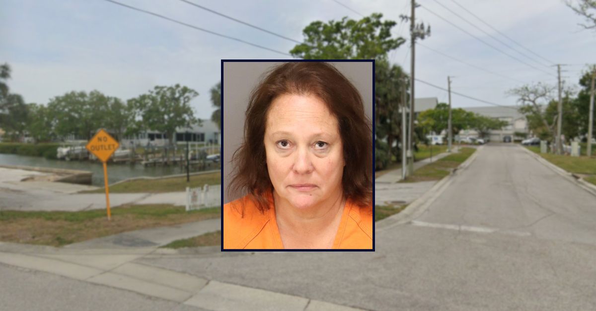 Karen Dedert appears in a booking photo inset against the area near where she lives in Florida.