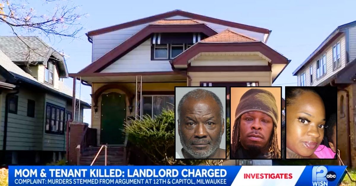 Left inset: Kevin Griffin (Milwaukee County Sheriff's Office). Center inset: Terrance Wilder (The New Pitts Mortuary). Right inset: A'nya Raymond (GoFundMe). Background: The Milwaukee residence where landlord Kevin Griffin allegedly murdered Terrance Wilder before killing A'nya Raymond after she witnessed the slaying (WISN). 