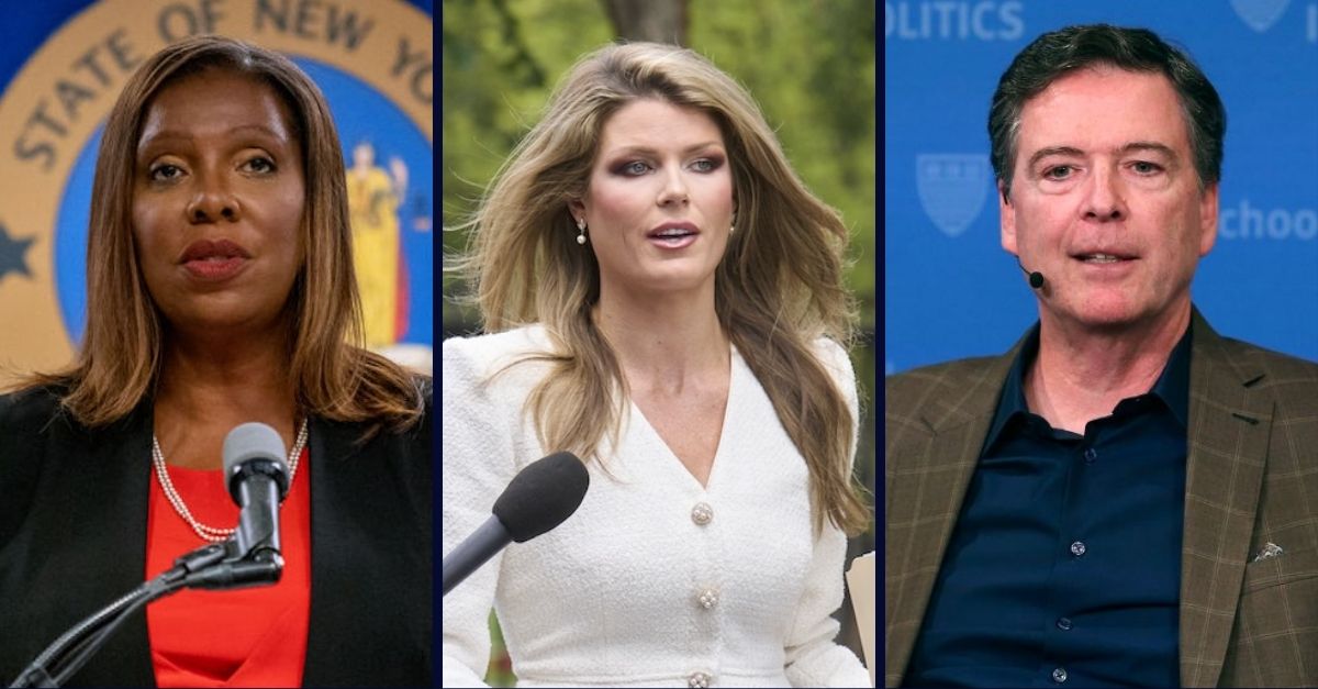 Left: NEW YORK, NY - August 03: New York Attorney General Letitia James presents the findings of an independent investigation into accusations by multiple women that New York Governor Andrew Cuomo sexually harassed them on August 3, 2021 in New York City (Photo by David Dee Delgado/Getty Images). Center: Lindsey Halligan, special assistant to the president, speaks with a reporter outside of the White House, Wednesday, Aug. 20, 2025, in Washington (AP Photo/Jacquelyn Martin). Right: Former FBI director James Comey speaks at Harvard University's Institute of Politics' JFK Jr. Forum in Cambridge, Mass., Feb. 24, 2020. (AP Photo/Charles Krupa, File).