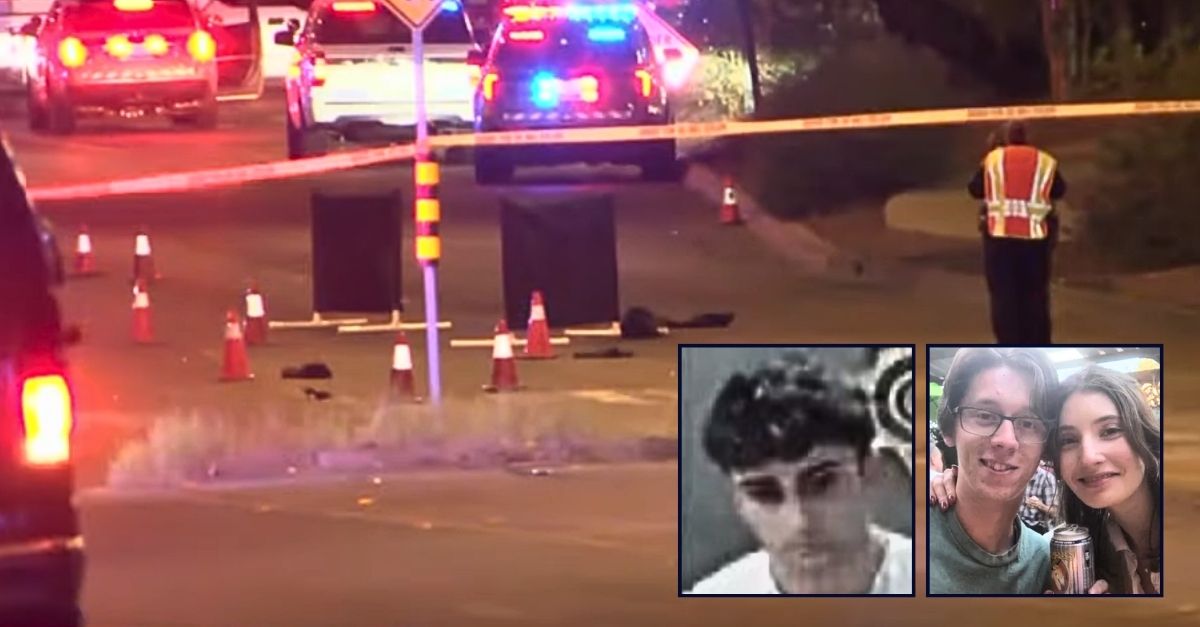 Left inset: Louis Artal (Pima County Sheriff's Office). Right inset: Josiah Santos and Sophia Troetel (GoFundMe). Background: The scene of the hit-and-run in Tucson, Ariz., where Louis Artal allegedly struck and killed three people, including couple Josiah Santos and Sophia Troetel (KGO/YouTube). 