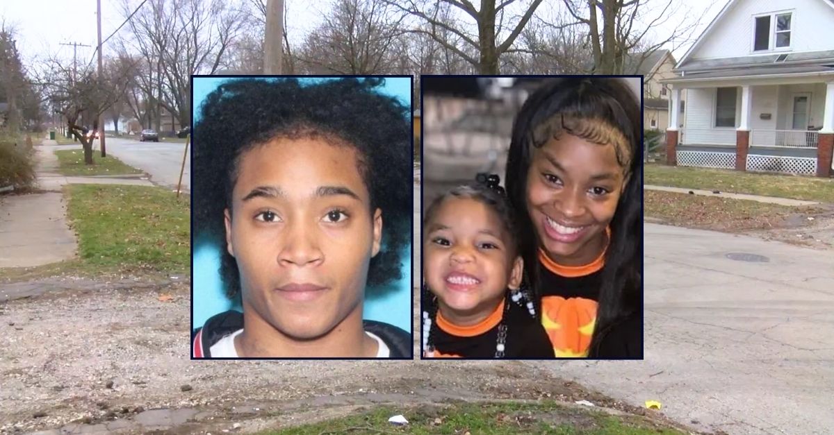 Left inset: Mattavius Anderson (Macon County Sheriff's Office). Right inset: Ja'Niah Thomas and her daughter (GoFundMe). Background: The 1300 block of North Woodford Street in Macon County, Ill., where Ja'Niah Thomas and her 4-year-old daughter were both shot in 2023 (WCIA/YouTube).