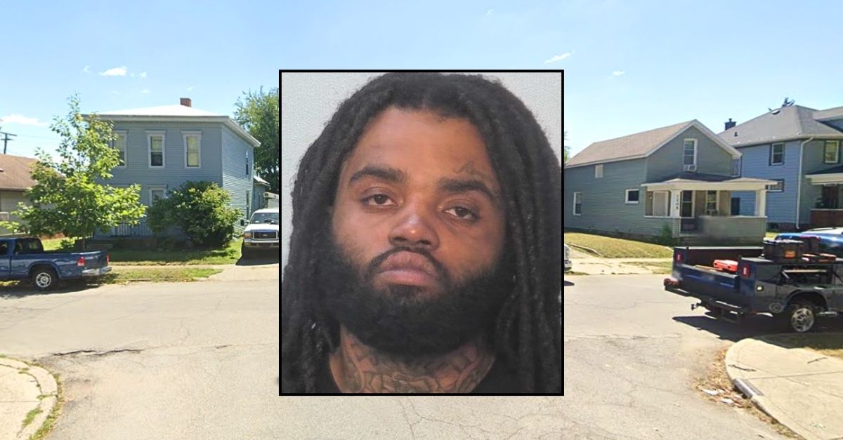 Inset: Michael Ward (Allen County Sheriff's Office). Background: The area of Stophlet Street and College Street in Fort Wayne, Ind., where Michael Ward opened fire on his pregnant girlfriend (Google Maps).