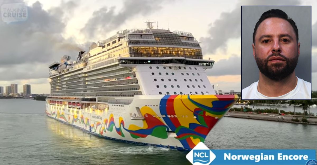Background: The Norwegian Oncore (YouTube/Talking Cruise). Inset: Phillip Andrew Ortiz (Miami-Dade County Corrections and Rehabilitation).