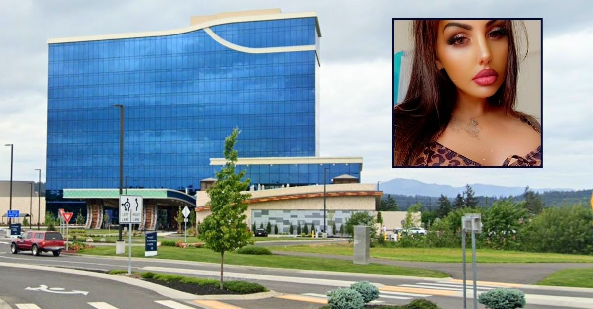 Inset: Raylin Benzie (Facebook). Background: The ilani Casino Hotel in Ridgefield, Wash., where Raylin Benzie allegedly drugged and killed a man (Google Maps). 