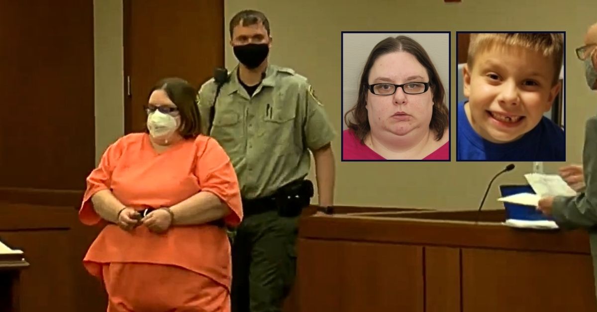 Left inset: Sarah Safranek (State's Attorney of Ogle County). Right inset: Nathaniel Burton (Unger-Horner Funeral Home and Cremation Service). Background: Sarah Safranek in court for the murder of her 7-year-old son Nathaniel Burton (WTVO/YouTube).
