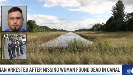 Background: The canal in Miami, Forida, where the body of Nerida Martel was discovered (WPLG). Inset top: Saul Garcia Gonzalez (Miami-Dade County Corrections and Rehabilitation). Inset bottom: Gonzalez being arrested (WPLG).