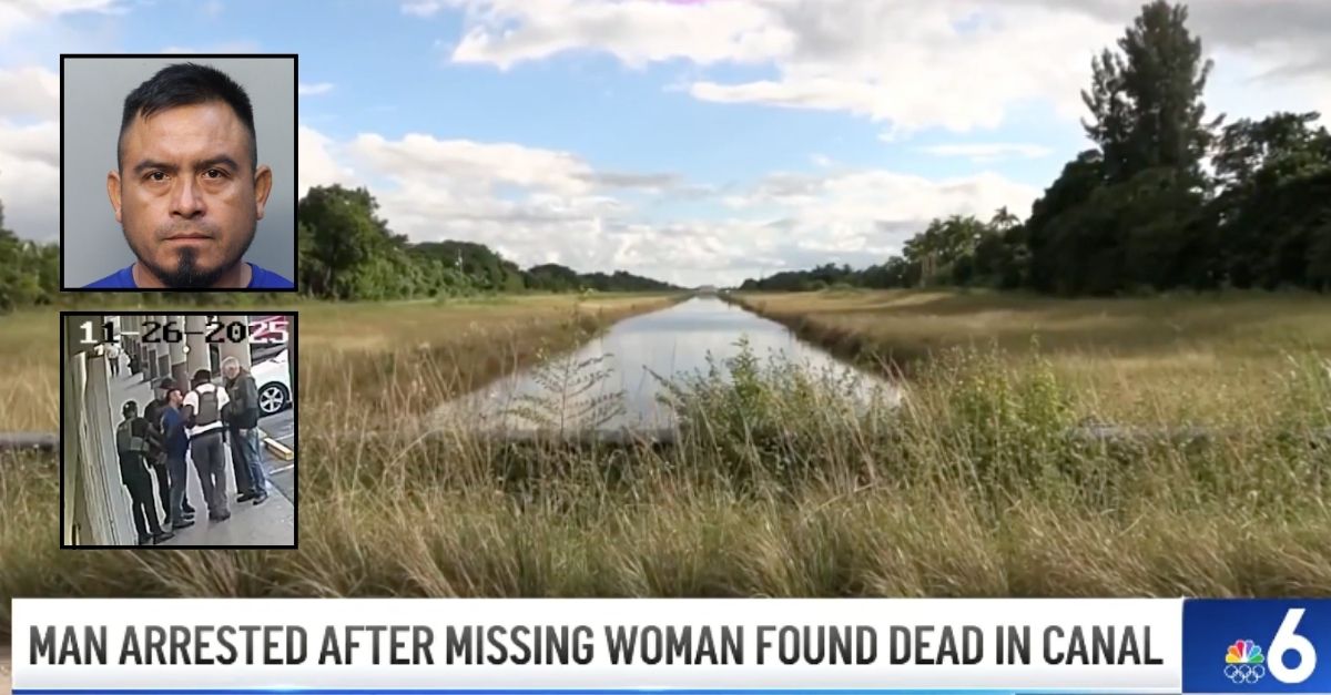 Background: The canal in Miami, Forida, where the body of Nerida Martel was discovered (WPLG). Inset top: Saul Garcia Gonzalez (Miami-Dade County Corrections and Rehabilitation). Inset bottom: Gonzalez being arrested (WPLG). 