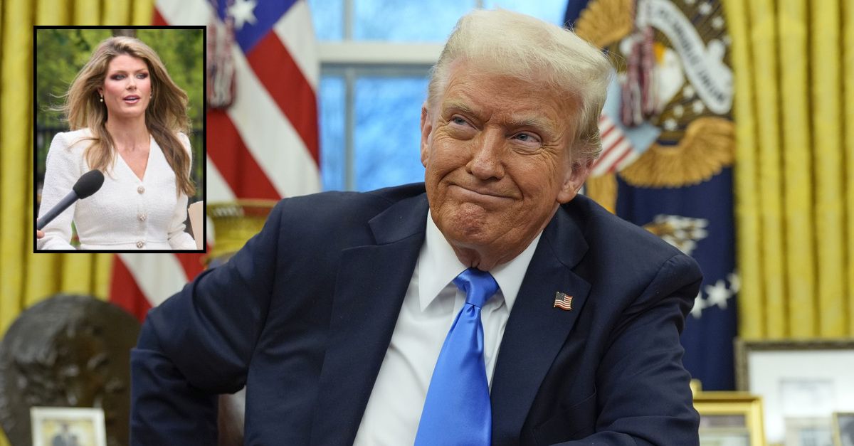 Lindsey Halligan inset against an image of Donald Trump.