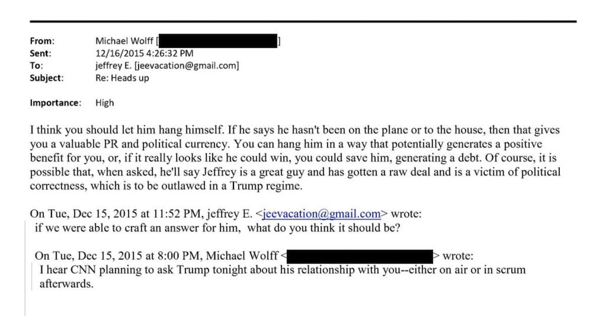 A 2015 email exchange between Michael Wolff and Jeffrey Epstein