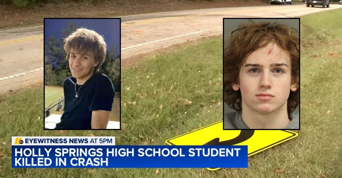 Background: News footage of the scene in Holly Springs, N.C., where Max Dunham was killed on Oct. 26 (WTVD). Inset (left): Max Dunham (Dignity Memorial). Inset (right): Ashton Rahlfs (Wake County Sheriff's Office).