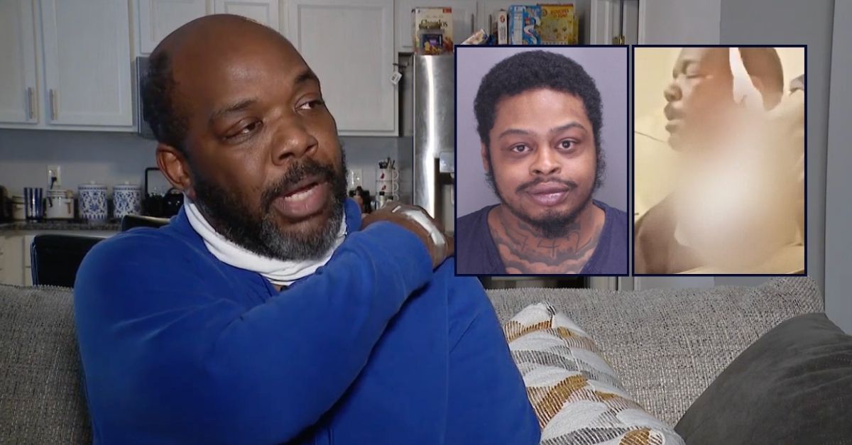 Left inset: Joseph Green (Oakland County Sheriff's Office). Right inset: Footage posted on Facebook Live showing Adrian Trimble being attacked while he sleeps (WJBK). Background: Adrian Trimble speaking about the fire "prank" that was unleashed on him by Joseph Green (WJBK).