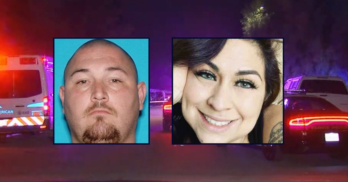 Inset left to right: Antonio Saldana and Lisa Saldana appear against an image of the law enforcement response to the fatal shooting committed by Antonio that took Lisa