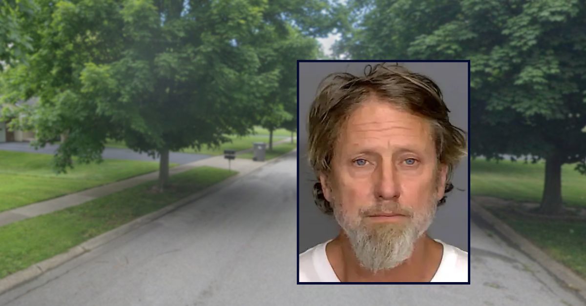 Bryan Pedigo appears in a booking photo inset against an image of a residential street in Indianapolis.