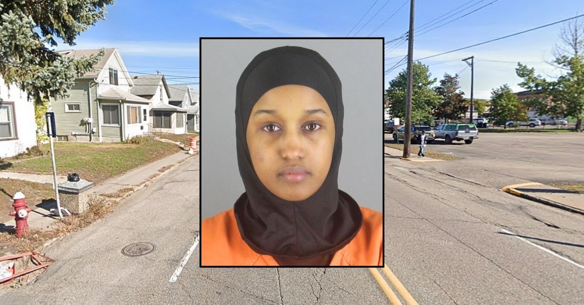 Inset: Dollara Muktar Mohamed (Hennepin County Sheriff's Office). Background: The 900 block of Lowry Avenue NE in Minneapolis, Minn., where Dollara Muktar Mohamed allegedly mowed down a 3-year-old girl in an October hit-and-run incident (Google Maps).