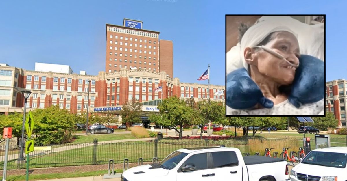 Inset: Edna Burton (WDIV). Background: The hospital in Detroit where staff allegedly lost a "chunk" of Edna Burton's skull (Google Maps).