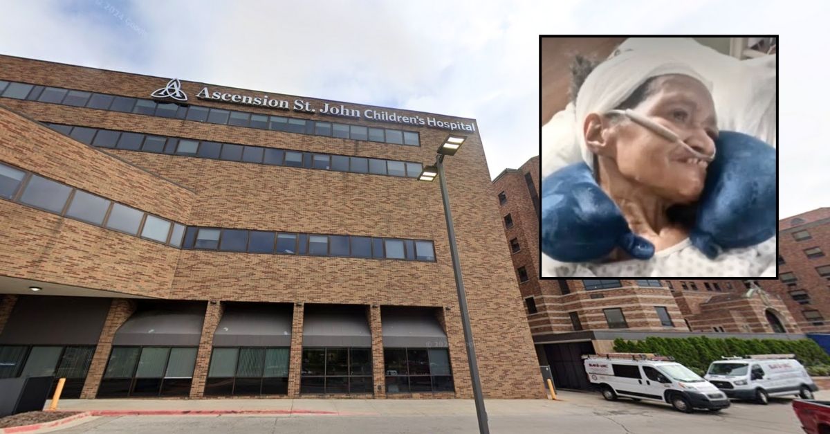 Inset: Edna Burton (WDIV). Background: The hospital in Detroit where staff allegedly lost a "chunk" of Edna Burton's skull (Google Maps).