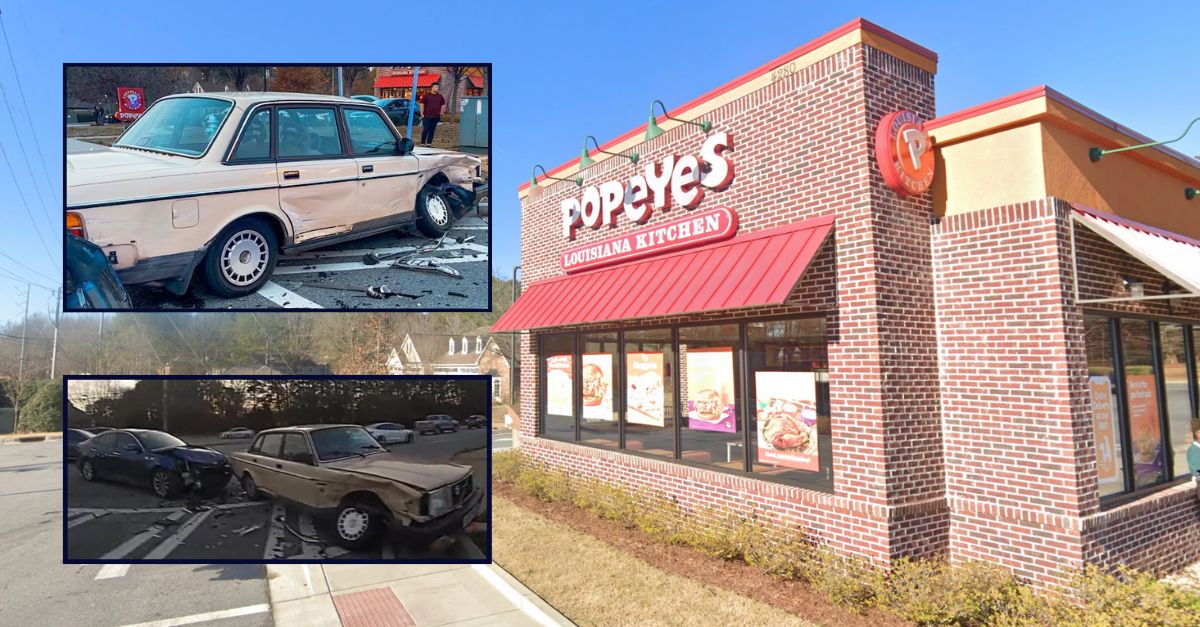 Inset: two images of a crashed Volvo against a Popeyes in Georgia.