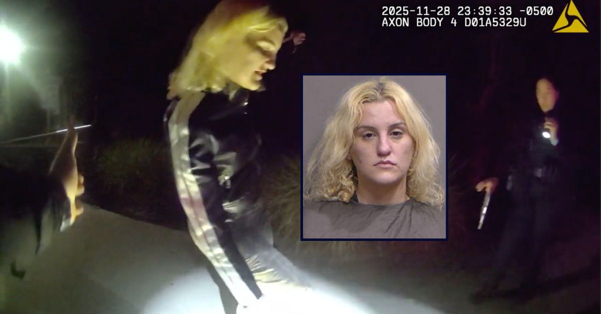 Kaylie Poe appears in a booking photo inset against an image from body-worn camera footage allegedly showing her performing a field sobriety test.