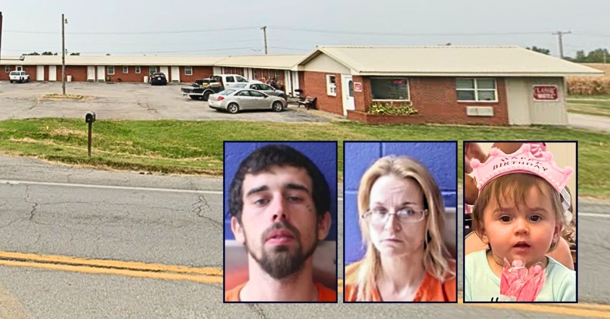 Insets, left to right: Kyle Galloway, Deanne Hankins and Novaleigh Galloway (Lafayette County Sheriff Office/GoFundMe). Background: The Missouri motel where Kyle Galloway and Deanne Hankins allegedly abused 3-year-old Novaleigh Galloway to death (Google Maps).