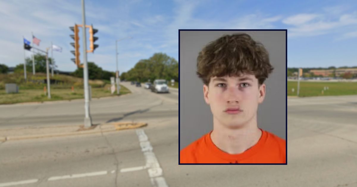 Oliver McSorley appears in a booking photo inset against an image of an intersection in Wisconsin.