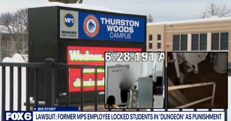Left inset: Security footage that allegedly shows a Milwaukee Public Schools employee grabbing a student and placing him in a boiler room as punishment (Drew DeVinney). Right inset: The boiler room aka 