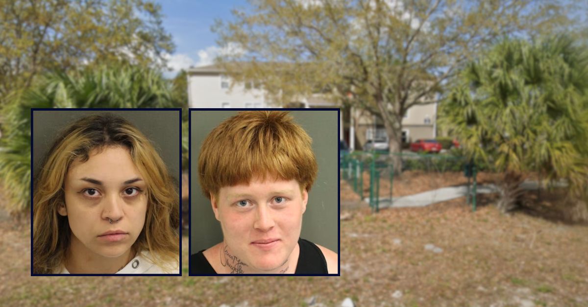 Anne Aksell and Nicholas Lavallee appear in booking photos inset against an image of an apartment complex in Florida.