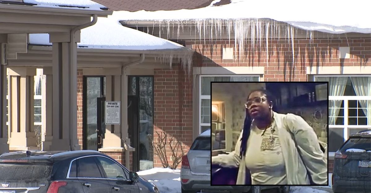 Inset: Body camera footage showing nursing home staffer Amber Henderson speaking to police officers (WKYC/Warrensville Heights Police Department/YouTube). Background: The Ohio nursing home where Alvera Meuti "froze to death" after walking out a door that closed and locked behind her (WKYC/YouTube).