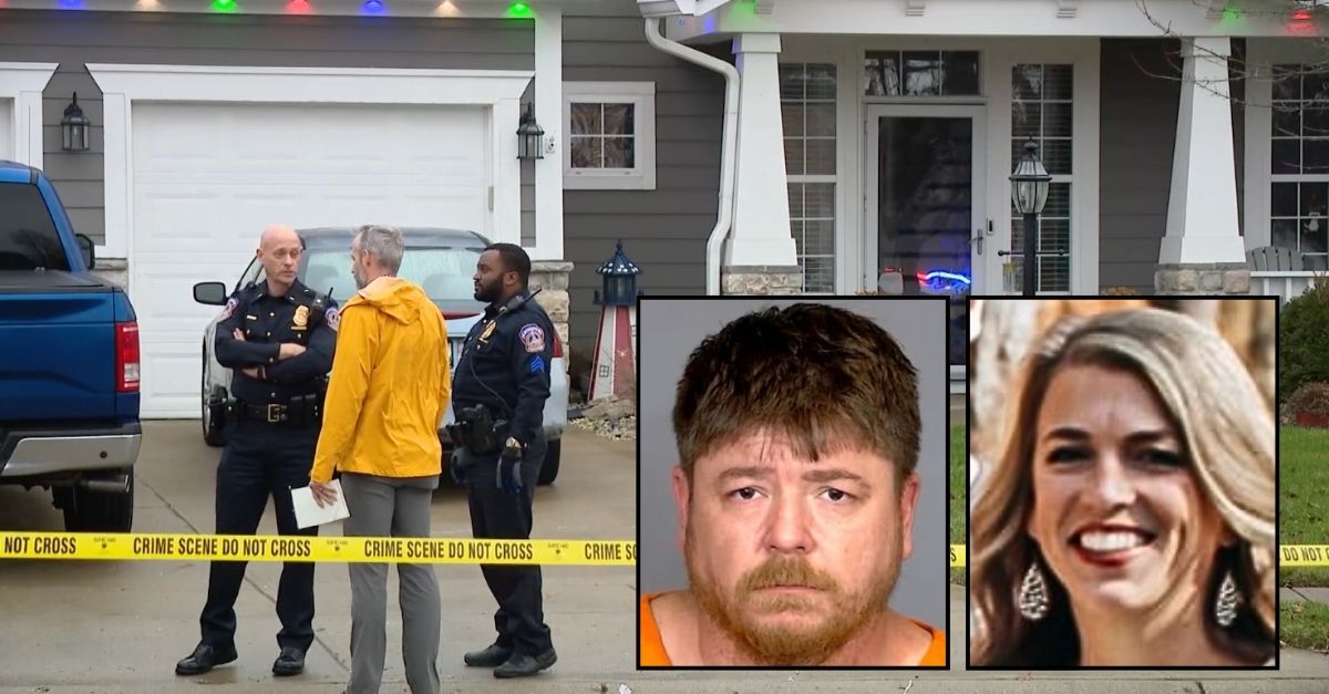 Left inset: Cecil Mains (Indianapolis Metropolitan Police Department). Right inset: Jeri Mains (GoFundMe). Background: The Indiana home where Jeri Mains was allegedly shot and killed by her husband in front of their four children (WTHR).
