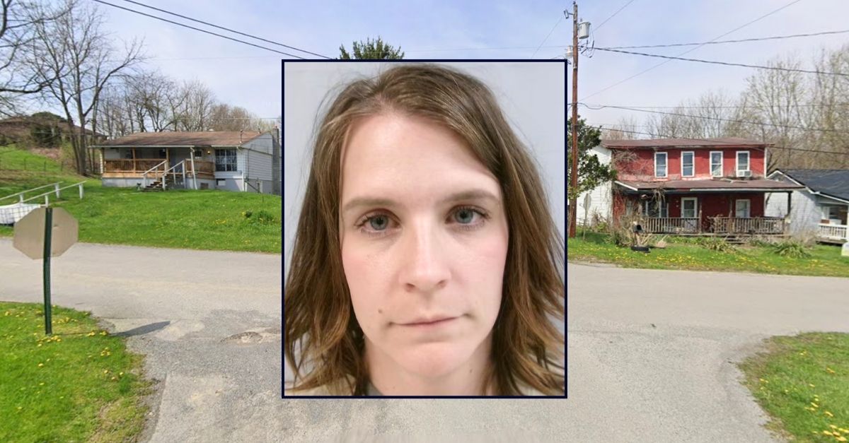 Inset: Courtney Crites (West Virginia Division of Corrections). Background: The area in West Virginia where Courtney Crites allegedly pummeled a child with a wooden paddle that she called "the attitude adjuster" at a home she shares with her boyfriend (Google Maps).