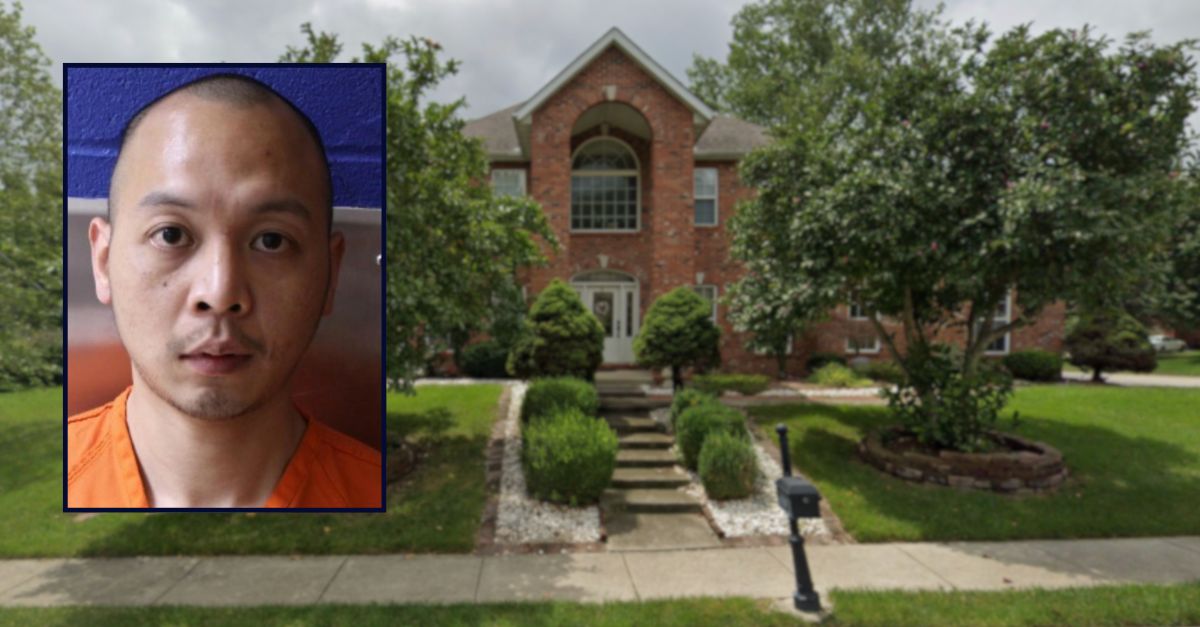 David Nguyen appears in a booking photo inset against an image of a house in Illinois.