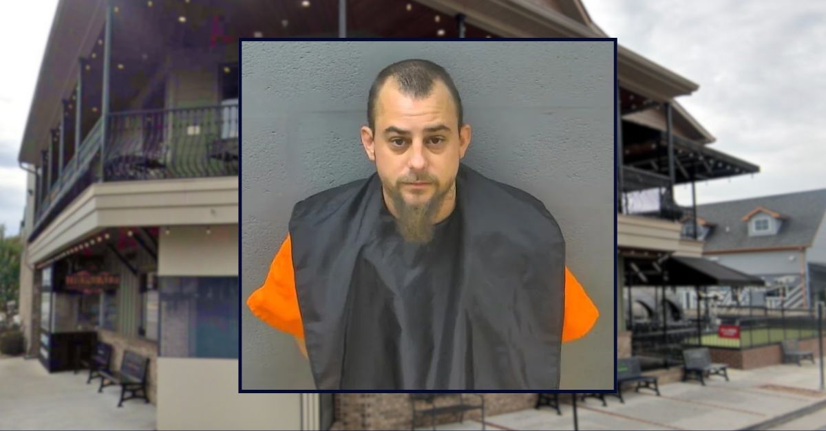 Derek Lewis appears in a booking photo inset against an image of a restaurant in Virginia.