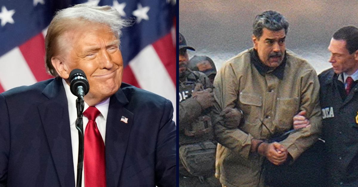 Left: Donald Trump speaks at an election night watch party, Wednesday, Nov. 6, 2024, in West Palm Beach, Fla. (AP Photo/Alex Brandon). Right: Photo by: XNY/STAR MAX/IPx 2026 1/5/26 Nicolas Maduro and his wife, Cilia Flores, are seen in handcuffs after landing at a Manhattan helipad, escorted by heavily armed Federal agents as they make their way into an armored car en route to a Federal courthouse in Manhattan on January 5, 2026 in New York City. 