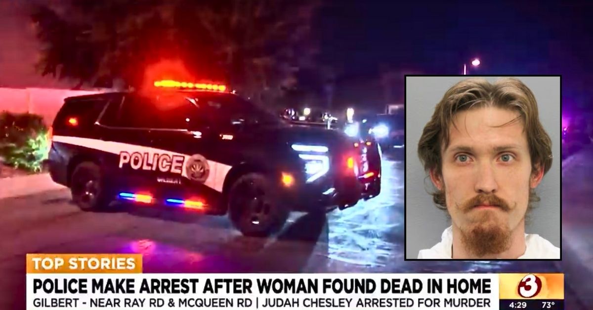 Inset: Judah Chesley (Gilbert Police Department). Background: Police outside the Arizona home where Judah Chesley allegedly shot and killed his girlfriend (KTVK).