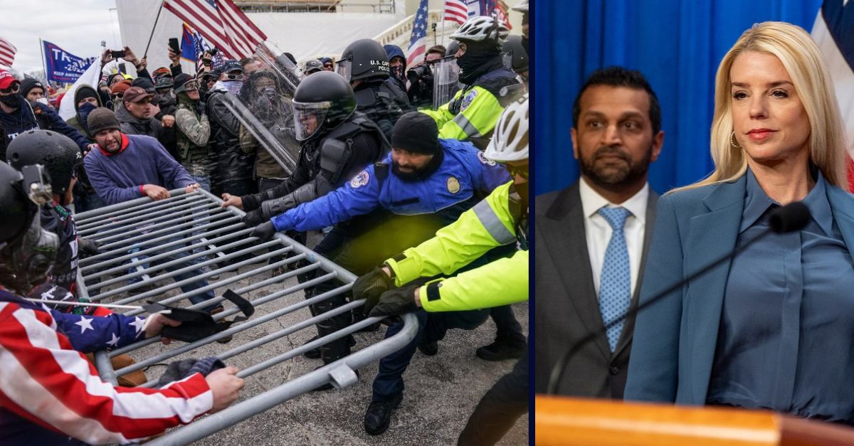Left: In this Jan. 6, 2021, file photo violent insurrectionists loyal to President Donald Trump supporters try to break through a police barrier at the Capitol in Washington, D.C. (AP Photo/John Minchillo). Right: FBI Director Kash Patel, left, and Attorney General Pam Bondi arrive for a news conference at the Department of Justice, Thursday, Dec. 4, 2025, in Washington (AP Photo/Alex Brandon).